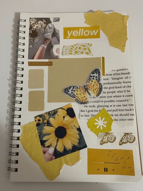 Visual Journal Cover Ideas, First Page Scrapbook Ideas, First Page Of Scrapbook Ideas, Yellow Scrapbook Ideas, Yellow Aesthetic Journal, Yellow Journal Ideas, Yellow Theme Journal, Scrapbook First Page, Aesthetic Journal Ideas Vintage