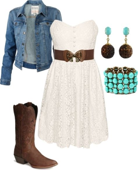 This summer's Nicole Miller must-haves: the iconic denim vest, flirty lace dress, cowboy boots and a variety of fun turquoise accessories. Country Girl Outfits, Lego Boats, Mode Country, Estilo Cowgirl, Trajes Country, Looks Country, 여름 스타일, Country Girls Outfits, Country Concert Outfit