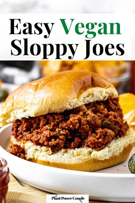 Head on shot of a meatless sloppy joe sandwich on a round white plate. Text reads: easy vegan sloppy joes". Tvp Recipes, Lentil Sloppy Joes, Vegan Sloppy Joes, Sloppy Joes Easy, Bbq Chips, Sloppy Joe Sauce, Vegan Worcestershire Sauce, Sloppy Joes Recipe, Sweet Potato Breakfast