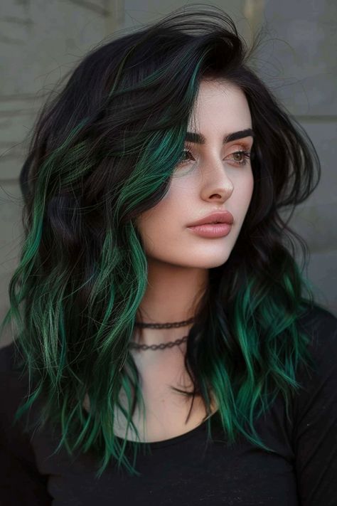 Hair Dye Colors For Dark Hair, Dark Green Hair With Black, Dark Hair Colors Ideas, Dark Moss Green Hair, Brunette And Green Hair, Green Highlights On Dark Hair, Green Hair Ideas For Brunettes, Emerald Green Peekaboo Hair, Black Hair With Green Tips