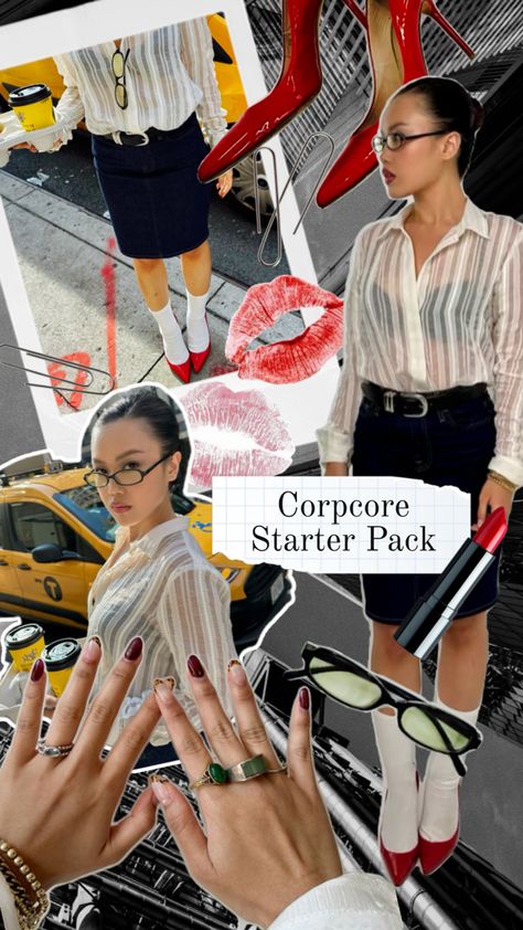 Discover trendy new styles and experiment with a fresh look this season. Here’s your starter pack for achieving Corpcore with makeup, hair, nails, and outfit ideas. Aesthetic Starter Pack, Professional Image, Hair Nails, Church Outfits, Fresh Look, Starter Pack, Makeup Hair, College Outfits, Fitness Inspo