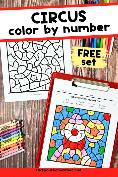 Examples of free printable circus color by number pages with clown and balloon and clown shoes with crayons and color pencils in background. Circus Theme Kindergarten Activities, Circus Week Crafts, Circus Color By Number, Carnival Literacy Activities, Circus Activities Preschool, Circus Preschool Activities, Circus Activities For Kids, Carnival Activities For Kids, Carnival Crafts For Kids