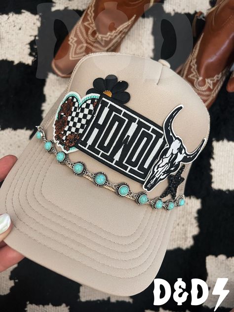 This custom made trucker patch hat is perfect for any occasion whether it be for spring/summer time, a lake hat, a gift for someone, or just a cute accessory to add a little spice to your outfit 🧢✨ DETAILS-  * This hat is one size with an adjustable SnapBack that is adjustable from 20in. - 23.5in. * The color of this hat is Tan * The material of the hat is polyester with iron on patches  REFUNDS AND CANCELLATIONS- Every hat is handmade by me as a result, a slight variation can occur from the pi Trucker Hat Bar Vendor Set Up, Trucker Hats Western, Hat Patch Bar, Trucker Patch Hat Ideas, Patch Hats Baseball Caps, Football Trucker Hat Ideas, Patch Hats Diy, Western Trucker Hats With Patches, Cowgirl Trucker Hat