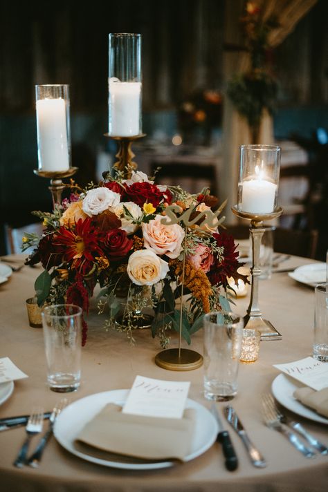 Candles and floral centerpiece Rustic Romance Wedding, Wedding Candles Table, Fall Wedding Tables, Fall Wedding Centerpieces, Rustic Fall Wedding, Wedding Floral Centerpieces, Wedding Table Flowers, Fall Wedding Flowers, Fall Wedding Decorations