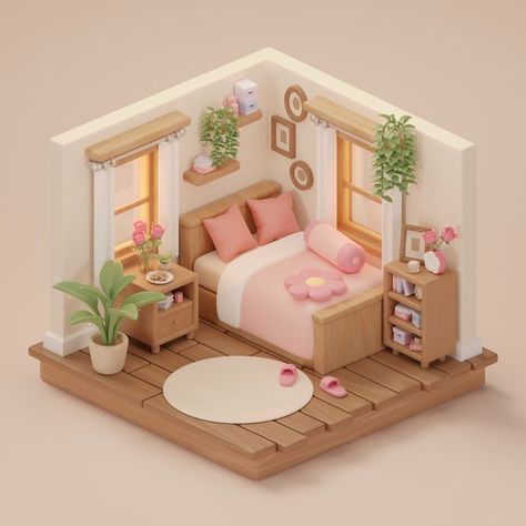 Rumah Minecraft, 3d Interior Design, Isometric Art, Isometric Design, Pink Bedroom, Sims 4 Houses, 3d Modelling, Sims House, March 19