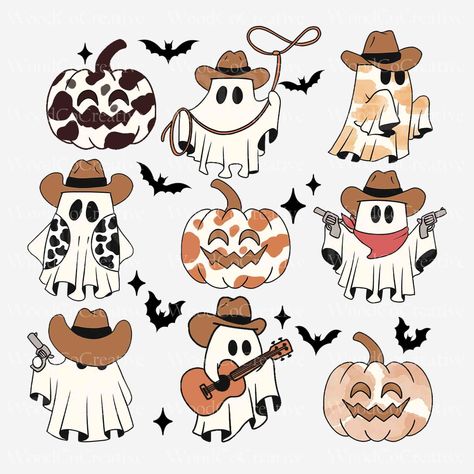 Cowboy Ghost Pumpkin Painting, Cute Cowboy Ghost Tattoo, Cowgirl Ghost Tattoo, Halloween Backrounds, Cute Halloween Designs, Cowgirl Ghost, Ghost Cowboy, Western Ghost, Cowboy Halloween