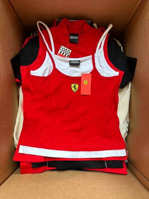 Ferrari Tank Top, Ferrari Top Outfit, 2000s Ferrari Merch, Ferrari Shirt Women, Vintage F1 Merch, Ferrari Merch Aesthetic, Ferrari Clothes Women, Ferrari Outfit Women, Ferrari Clothing