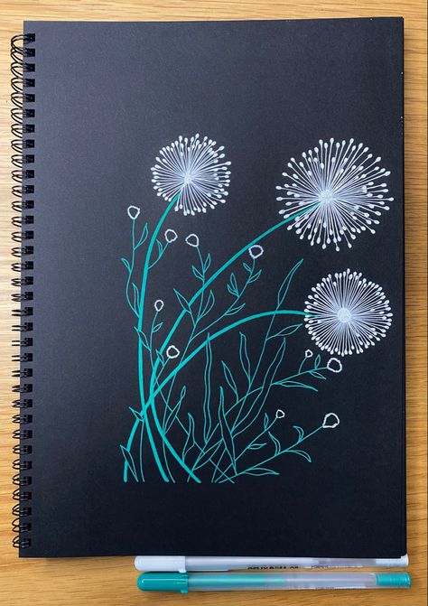 Flowers with gel pen White Pen Art On Black Paper, Gel Pen Art Drawings, Gel Pen Art Ideas, Gel Pen Doodles, Gel Pen Drawings, Black Sketchbook, Gel Pen Art, White Sketches, Dragonfly Drawing