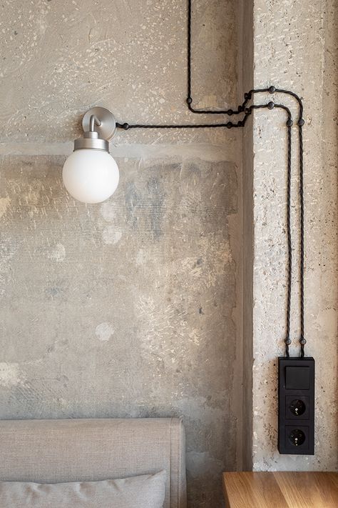 Apartment with concrete ceilings 42 sq.m. :: Behance Concrete Wall Interior, Concrete Walls Interior, Concrete Bedroom, Concrete Apartment, Concrete Interiors, Concrete Ceiling, Loft Lighting, Arch Interior, Concrete Design