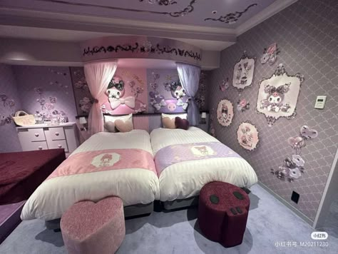 My melody room, Kuromi room Kuromi Bedroom, Hello Kitty Flowers, Sanrio Bedroom, Kuromi Room, Dream House Aesthetic, Beauty Room Vanity, Dorm Room Wall Decor, Purple Bedrooms, Dorm Room Walls