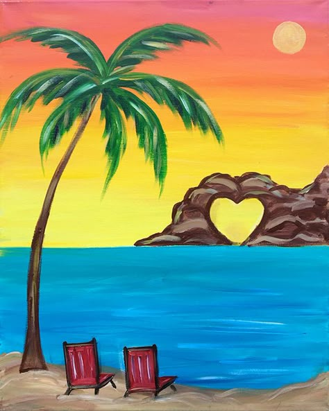 Summer Scenes To Paint, Beach Seen Drawing, Cute Water Paintings Easy, Summer Theme Painting, Seascape Paintings Easy, Draw Summer Ideas, Drawing Ideas For Summer, Beach Scene Painting Easy, Summer Paint Night Ideas