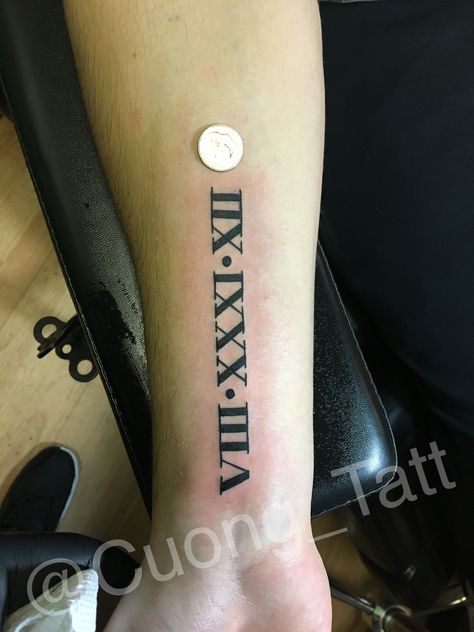 Small detail Roman numeral lettering tattoo. 1987 Tattoo, Neat Tattoos, Marriage Tattoos, Font Tato, Tattoo Number, Roman Numeral Tattoos, Number Tattoos, Lettering Tattoo, Back Tattoos For Guys