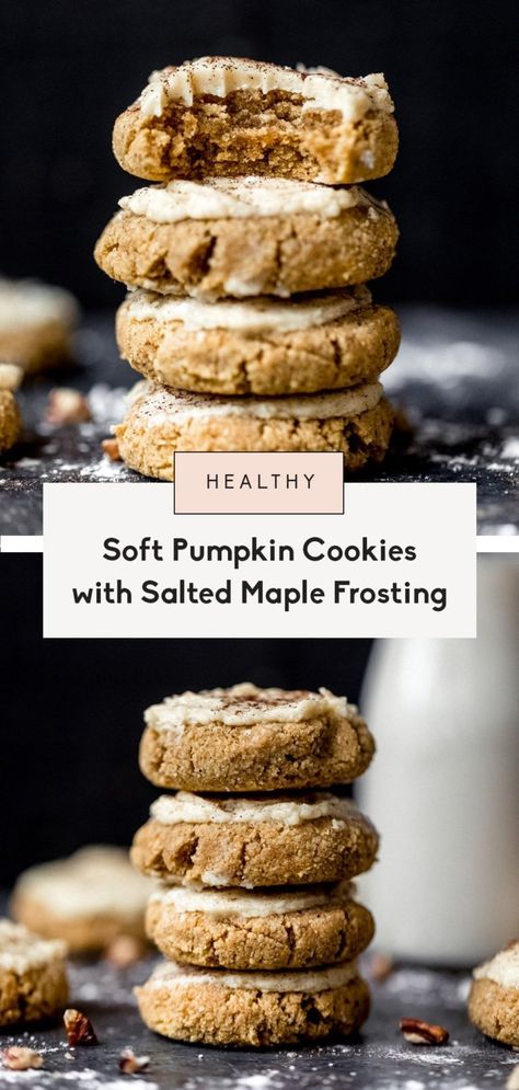 Healthy soft pumpkin cookies with an addicting salted maple frosting! These melt-in-your-mouth gluten free pumpkin cookies are grain free, easily dairy free and taste like a slice of your favorite pumpkin pie. #pumpkinrecipe #cookies #glutenfree #glutenfreedessert #grainfree #baking #fallrecipe Pumpkin Cookies Gluten Free, Healthy Pumpkin Cookies, Paleo Pumpkin Cookies, Gluten Free Pumpkin Cookies, Pumpkin Cookies Healthy, Vegan Pumpkin Cookies, Paleo Pumpkin Pie, Soft Pumpkin Cookies, Baked Food