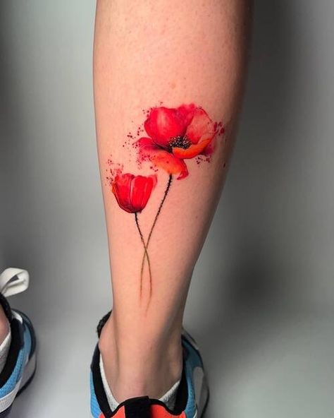 Scroll for the best Poppy Flower Tattoo Ideas! These designs offer great inspiration for your next ink, celebrating strength and uniqueness. Red Poppy Watercolor Tattoo, Watercolor Poppies Tattoo, Poppy Field Tattoo, Red Watercolor Tattoo, Polish Poppy Tattoo, Poppy Memorial Tattoo, Poppy Tattoos For Women, Poppy Birth Flower Tattoo, Mw Tattoo