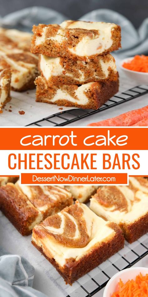 Carrot Cake Cheesecake Bars combine a simple spiced carrot cake with a creamy vanilla cheesecake. The two batters are swirled together to make the most delicious and beautiful marbled carrot cake blondies. Carrot Cake Cheesecake Bars, Carrot Cake Bars Recipe, Best Carrot Cake Ever, Spiced Carrot Cake, Autumn Cookies, Carrot Desserts, Cake Bars Recipe, Bars Dessert, Carrot Cake Bars