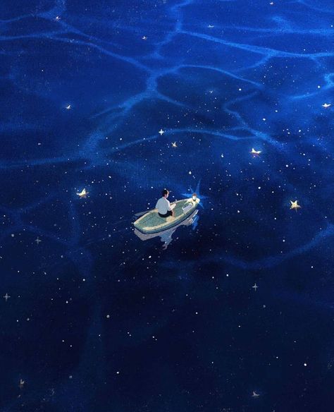 Sky Stars Illustration, Ocean Anime Aesthetic, Ocean Of Stars, Cosmic Ocean, Sea Of Stars, Star Ocean, Ghibli Art, Ethereal Art, Dreamy Art