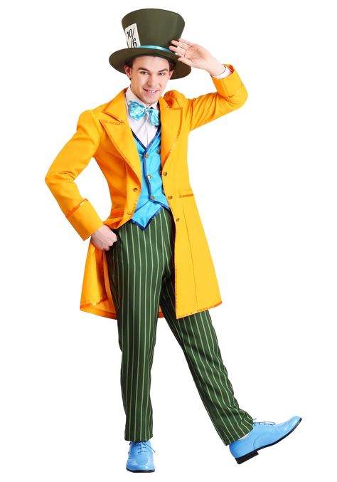 PRICES MAY VARY. COSTUME INCLUDES: This Adult Classic Mad Hatter Costume features a yellow frock jacket with attached brocade vest panels. It includes striped pants, a polka dot bow tie, and a foam-backed top hat. FROM FUN COSTUMES: Our goal is to help you have exciting and fun costume experiences and we're proud to offer a great selection of outfits for all of your favorite characters. When it comes time to celebrate a story that is full of mischievous fun we're sure you'll love this Mad Hatter Hatter Costume, Mad Hatter Costume, Mens Plus Size, Mad Hatter, Blue Green, Plus Size, Orange, Yellow, Green