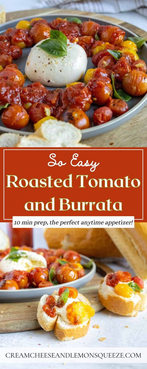 If you’re looking for a super simple appetizer recipe to kick off your next dinner party or ladies’ night gathering, this Roasted Tomato and Burrata Appetizer is for you. Made with just 9 ingredients and only about 10 minutes of active prep time, these sinfully delicious slow-roasted tomatoes with burrata cheese couldn’t be easier to whip up! Paired with crusty baguette for the perfect bite. Roasted Tomato Burrata Crostini, Burrata Dip Recipe, Baratta Cheese Appetizers, Sundried Tomato Appetizer, Roasted Tomatoes And Burrata, Buratta Appetizer Cold, Buratta Bruschetta, Recipes With Burrata Cheese, Burrata Recipe Appetizers