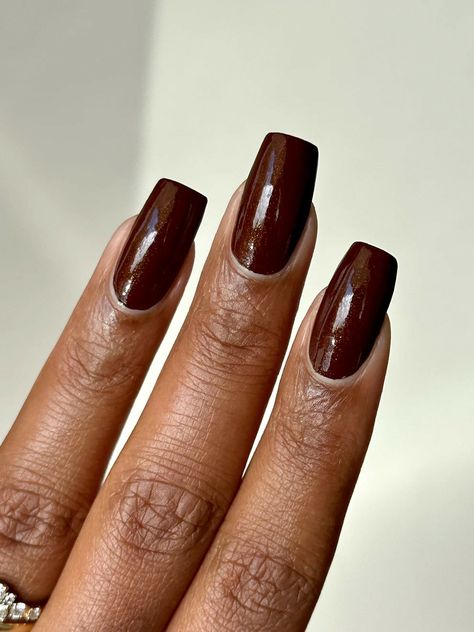 Velvet Brown Nails, Red Brown Nail Color, Walnut Brown Nails, Dip Powder Nails Brown, Dark Brown Chrome Nails, Brown Nails Square, Brown Dip Nails, Dark Chocolate Nails, Coffee Brown Nails