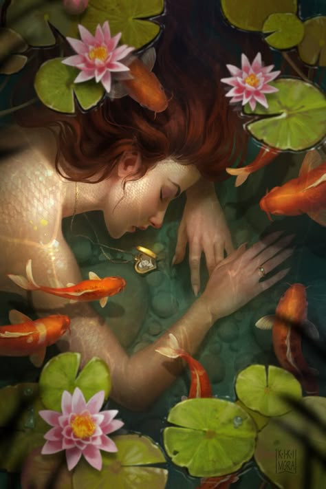 Koi Mermaid Art, Pond Mermaid, Swamp Siren, Swamp Mermaid, Muse Paintbar, Dyi Wall Art, Sleeping Mermaid, Woods Dark, Fairytale Village