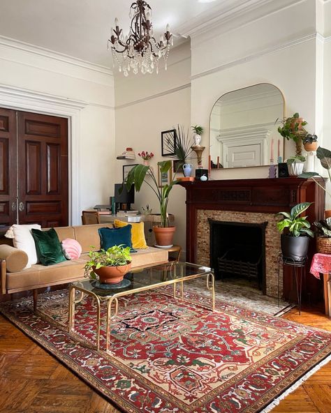 Vote on An Eclectic, Victorian, Lush Small/Cool Space in the Small/Cool Contest | Apartment Therapy Small Space Living Room Ideas, Space Living Room Ideas, L Living Room, Colorful Eclectic Living Room, Bold Rug, Small Living Room Decor Ideas, Living Room With A Fireplace, Victorian Apartment, Living Colors