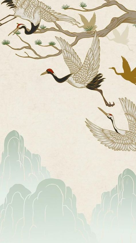 Crane Wallpaper Iphone, Japanese Illustration Wallpaper, Japanese Painting Wallpaper, Korean Art Wallpaper, Chinese Art Wallpaper, Japanese Crane Wallpaper, Fish Iphone Wallpaper, Iphone Wallpaper Japanese, Japanese Pattern Wallpaper