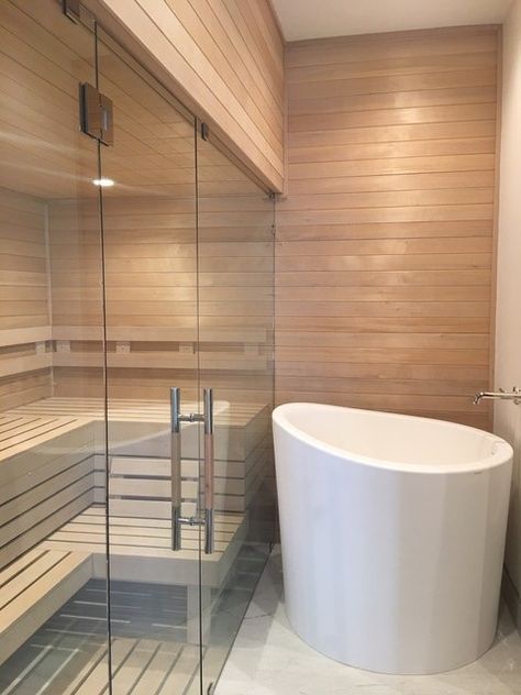 Large Home Sauna, Home Sauna Steam Room, Plunge Tub Bathroom, Sauna With Glass Wall, Custom Indoor Sauna, Bathroom Design With Sauna, Bathroom With Cold Plunge, In Home Wellness Room, Home Cold Plunge And Sauna