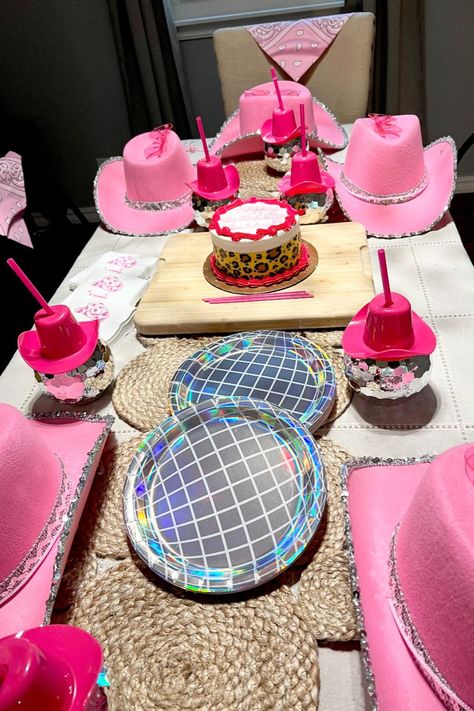 Barbie Cowboy Party, Disco Cowgirl Bday Party, Cowgirl B Day Party, Shania Twain Themed Birthday Party, Pink Cowgirl Bday Party, Disco Cowgirl Birthday Party Ideas, Disco Cow Girl Party, Let’s Go Girls Birthday Theme, Disco Cowgirl 2nd Birthday