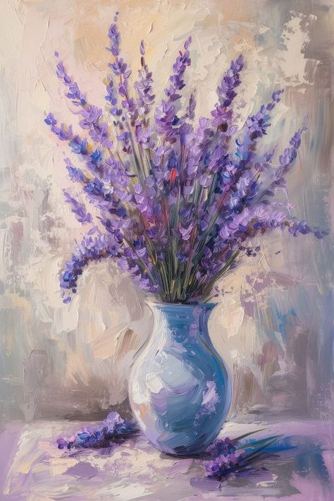 A vase filled with delicate lavenders painting blossom flower. | premium image by rawpixel.com / Fluke Flower In A Vase Painting, Aesthetic Vase Of Flowers, Vase Painting Ideas Canvas, Watercolor Still Life Paintings, Vase With Flowers Painting, Vase Flower Painting, Vase Of Flowers Painting, Elegant Paintings, Lavender Vase