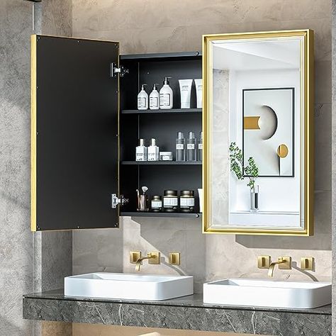 Amazon.com: TokeShimi 36x32 Medicine Cabinet Bathroom Vanity Mirror Gold Metal Framed Recessed or Surface Wall Mounted with Aluminum Alloy Beveled Edges Design 2 Doors for Modern Farmhouse : Home & Kitchen Two Sink Bathroom Ideas, Framed Medicine Cabinet, Surface Mount Medicine Cabinet, Cabinet Mirror, Medicine Cabinet With Mirror, Recessed Medicine Cabinet, Bathroom Floor Cabinets, Metal Bathroom, Bamboo Bathroom