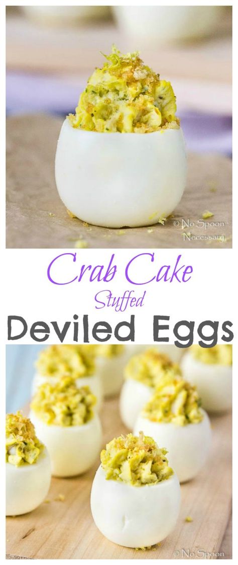 Crab Cake Stuffed Deviled Eggs-long pin1 Stuffed Deviled Eggs, Delicious Deviled Egg Recipe, Egg Appetizer, Devil Eggs, Fried Deviled Eggs, Deviled Eggs Recipe Easy, Devilled Eggs Recipe Best, Devilled Eggs, Egg Benedict