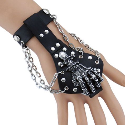 Mens Gothic Alloy Spike Skeleton Hand Wrap Leather Cuff Finger Bracelet Skeleton Hand Bracelet, Skeleton Bracelet, Vintage Ghost, Finger Bracelets, Ring Bracelet Chain, Leather Wristbands, Hand Bracelet, Skeleton Hand, Skeleton Hands