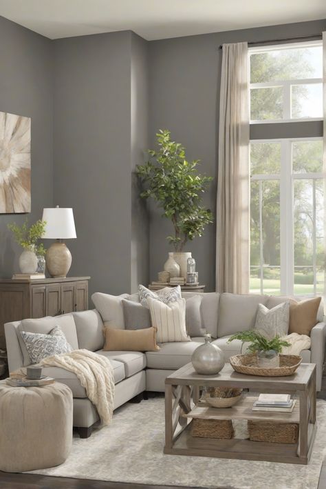 Step into a daily routine with SW Gauntlet Gray (7019) as bold gray tones set a moody atmosphere in interior design. Dive into decor inspiration! #Ad #homedecor #homedesign #wallpaints2024 #Painthome #interiorarchitecture Wall Colors Green Living Room Colors Bright Living Room Colors Apartment Renovation Living room Remodeling Modern Paint Colors 2024 Modern Farmhouse Gray Walls, Living Room Designs Gray Walls, Grey Wall Living Room Ideas Decor, Gray Wall Living Room, Sw Gauntlet Gray, Gray Living Room Walls, Living Room Gray Walls, Gray Walls Living Room, Living Room With Gray Walls