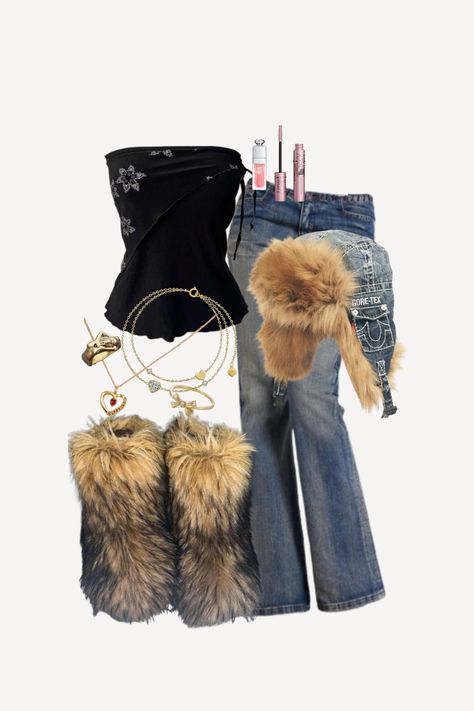 outfit inspo, outfit idea, outfit, clothes, dream clothes, spring outfits, fall outfits, winter outfits, summer fits, summer outfits 2024, cute summer outfits, outfit ideas for school, vintage, clean girl, aestetic, y2k, y2k outfits, jean fur ushanka, bootcut jeans, flared jeans, fur boots, gold jewellery, heart necklace, bow ring, black tube top, grunge outfits, going out outfits, vacation outfits, everyday outfits, fashion outfits, concert outfit, chic outfits, pretty outfits, birthday outfit Fits With Fur Boots, Fuzzy Boots Outfit Y2k, Black Fur Boots Outfit Y2k, Brown Fur Boots Outfit Y2k, 2000s Winter Outfits, Fur Boots Outfit Alt, Fur Boots Outfit, Tube Top Outfits, Black Tube Top