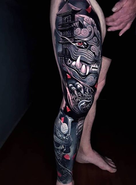 Awesome full leg foodog tattoo Tattoo Designs Japanese, Japanese Leg Tattoo, Full Leg Tattoos, Samurai Tattoo Design, Leg Tattoo Men, Tatuaje A Color, Leg Sleeve Tattoo, Cool Tattoos For Guys, Japanese Sleeve Tattoos