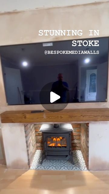 Bespoke Media Walls & Panelling on Instagram: "🔥 OAK BEAMS AND CHESHIRE SLIP BRICKS 🔥

We’ve loved building this wall with so many bespoke features

🔥 Asymmetrical-patterned tiling
🔥 Cheshire slip bricks
🔥 Electric long burner fire
🔥 Handmade bespoke shelving to customer specification
🔥 Full build and plaster finish
🔥 Push-to-open shaker-style Artisan cupboards

We can’t wait to see this Bespoke Media Wall painted and finished

#bespoke #bespokemediawall #tvwalldesign #slipbricks #logfires #cheshireliving #cheshirelivingmagazine #luxuryliving #luxurylivingroom" Media Wall With Log Burner, Tv On Chimney Wall, Log Burner Tv Wall, Media Wall With Fire, Bespoke Shelving, Media Walls, Oak Beams, Plaster Finish, Log Fires