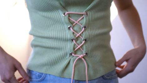 Add Lace Up Back To Dress, Diy Lace Up Back Dress, Diy Lace Up Top, Diy Lace Shirt, Lace Up Back Top, Diy Lace Up, Circle Skirt Tutorial, Sew Clothing, Punk Top