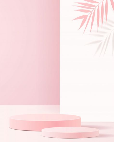 Minimal scene with geometrical forms. cylinder podiums in soft pink background with paper leave on column. scene to show cosmetic product, showcase, shopfront, display case. . | Premium Vector Background For Cosmetic Product, Cosmetics Background, Background Cosmetic, Cosmetic Background, 3d Podium, Soft Pink Background, Photography Backdrops Diy, Bg Design, Friend Logo