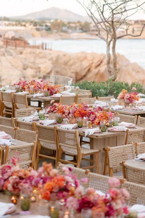 Vibrant Wedding Reception Decor, Chileno Bay Wedding, Sunset Inspired Wedding, Sunset Wedding Theme, Sunset Wedding Colors, Vibrant Wedding Colors, Wedding Decorations Elegant, Cabos Wedding, Los Cabos Wedding