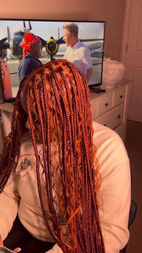 Ginger Goddess Braids Black Women, Knotless Braids With Ginger Color, Ginger Red Boho Braids, Small Knotless Box Braids Ginger, Long Ginger Knotless Braids, Knotless Box Braids Medium Ginger, Cooper Braids Black Women, Autumn Box Braids, Orange Hair Black Women Braids