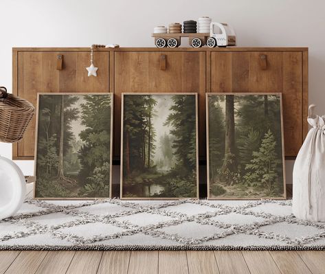 Vintage Woodland Wall Art Set Woodland Nursery Vintage Nursery Outdoor Nursery Woods Hunting Vintage Nursery Prints Vintage - Etsy Woodland Bedroom Ideas Adults, Green Woodsy Nursery, Vintage National Park Nursery, Dark Woodland Nursery, Woodland Theme Playroom, Vintage Hunting Boys Room, Boy Nursery Forest Theme, Smokey The Bear Nursery, Forest Theme Nursery Boy