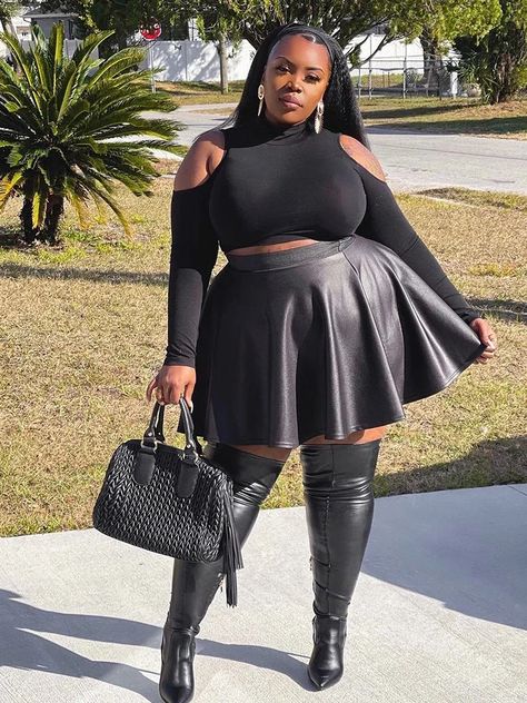 Women Black Plus Size 7XL 8XL 9XL Matte Leather Flare High Waist Pleated Elastic Skirts Ladies PU Black Flare Skirt Outfit, Elegant Plus Size Outfits, Skirt With Stockings, Plus Size Birthday Outfits, Plus Size Tutu, Plus Size Baddie, Ateez Concert, Short Skirts Outfits, Plus Size Baddie Outfits