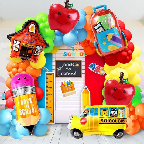 PRICES MAY VARY. Back to School Decorations:60*12inch balloons,30*5inch balloons,1*school bag foil balloon,1*pencil foil balloon,2*apple foil balloons,1*school bus foil balloon,1* school is cool foil balloon and 3*balloon accessories for creative decoration.The red,orange,yellow,light green and light blue balloons are bright and vibrant and can create a vibrant and cheerful atmosphere High Quality Material:Our back to school rainbow balloons are made of high quality natural and non-toxic materia First Day Of School Balloon Arch, Welcome Back Balloons, Back To School Balloon Decor, School Balloon Garland, Back To School Balloon Garland, Back To School Decorations, First Day Of School Kindergarten, Kids Church Decor, 3 Balloon