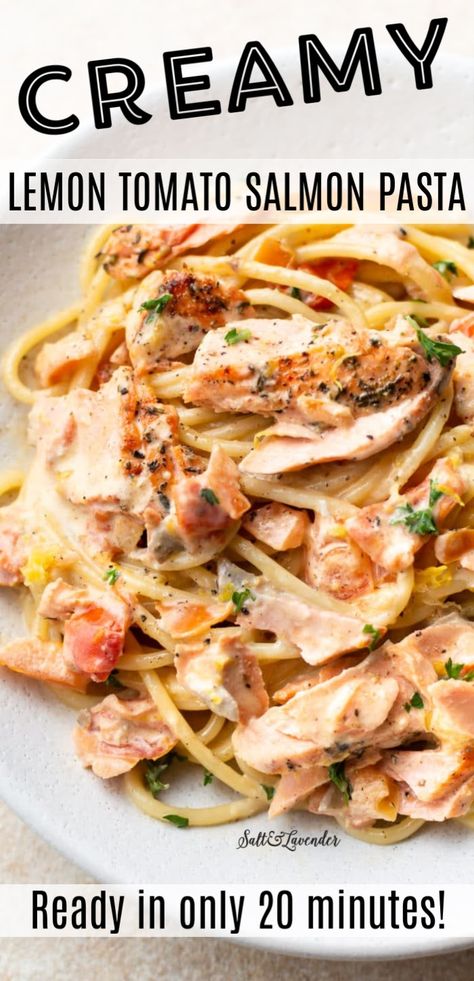 Spaghetti With Salmon Recipe, Salmon Linguine Recipes, Tomato Salmon Pasta, Salmon Spaghetti, Creamy Salmon Pasta, Salmon Pasta Recipes, Salmon Recipes Baked, Salmon Recipes Baked Healthy, Linguine Recipes