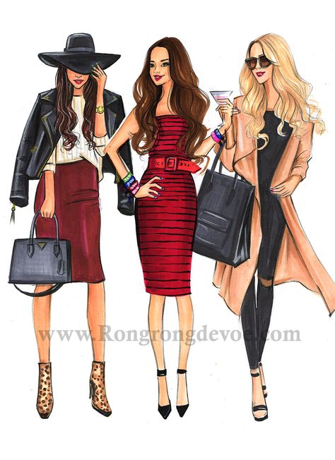 Fashion illustration of Fashionistas in winter fashion outfits by Houston Fashion Illustrator Rongrong DeVoe, more sketches on www.rongrongdevoe.com Bff Drawings, Mode Chanel, Houston Fashion, Design Moda, Three Women, Fashion Illustration Sketches, Fashion Art Illustration, Fashion Design Drawings, Fashion Illustrator