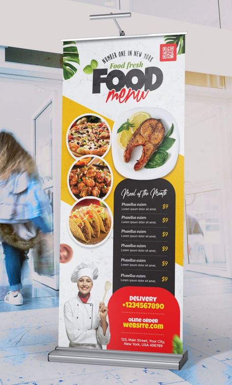 Food Restaurant Advertisement Roll Up Banner PSD - PSD Zone Papan Menu, Rollup Design, Standing Banner Design, Creative Restaurant, Standee Design, Roll Up Design, Fast Foods, Rollup Banner, New York Food