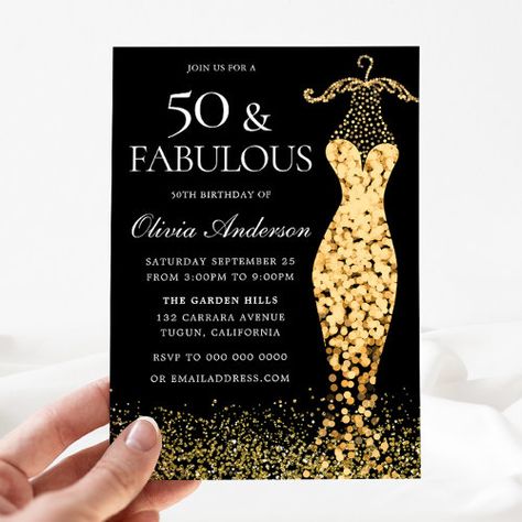 $2.8 | Glamorous Gold Dress Fabulous 50th Birthday - dress, golden, gown, gold, glam, 50th birthday, 50 and fabulous, 50th birthday party, womans 50th birthday party, fifty and fabulous 50th Golden Birthday, 50th Birthday Themes, Birthday Dinner Invitation, 50th Birthday Invitation, Golden Gown, 80th Birthday Invitations, Crown Party, Gown Gold, 50th Birthday Invitations