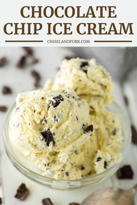 Homemade vanilla ice cream loaded with chocolate chips makes this chocolate chip ice cream recipe perfect for both vanilla and chocolate lovers. #chocolatechipicecream #homemadeicecream #icecreamrecipe #icecream | chiselandfork.com Chocolate Chip Ice Cream Recipe, Homemade Ice Cream Recipes Machine, Kitchen Aid Ice Cream, Ice Cream Recipes Machine, Chocolate Ice Cream Recipe, Easy Ice Cream Recipe, Homemade Chocolate Chips, Homemade Vanilla Ice Cream, Homemade Ice Cream Recipes