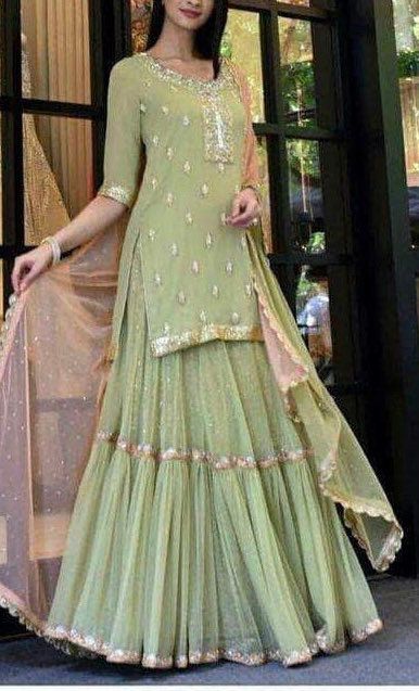 Excited to share this item from my #etsy shop: Pista green embroidered kurta with flared georgette mehendi lehenga and contrast peach embroidery dupatta. #embroidered #green #pink #fordiwali #bridesmaidslehenga #weddinglehenga #lehenga Modern Sharara, Kurti Designs For Women, Sharara Kurti, Maharani Designer Boutique, Designer Bridal Lehenga Choli, Pista Green, Indian Lehenga Choli, Punjabi Fashion, Indian Bridal Lehenga