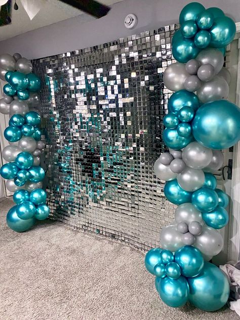 Black Gold And Tiffany Blue Party, 21st Bday Decorations Blue, Teal Color Birthday Theme, Sweet 16 Blue Theme Ideas, Teal And Silver Birthday Decorations, Aqua Birthday Party Ideas, Purple Turquoise And Grey Wedding, Aqua Party Theme, Dancing Queen Birthday Decorations